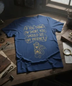 Blue t-shirt with gold text "If You Think I'm Short, You Should See My Patience" and a dragon hourglass graphic