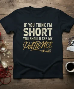 Black t-shirt with white and gold text saying "IF YOU THINK I'M SHORT YOU SHOULD SEE MY PATIENCE"