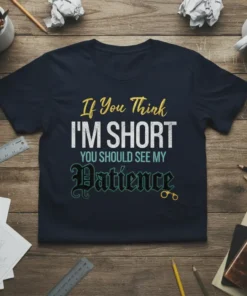Humorous t-shirt design with text "If You Think I'M SHORT YOU SHOULD SEE MY Patience" in playful fonts, featuring small