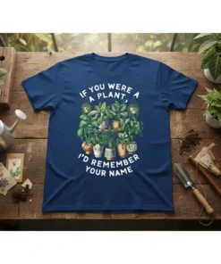 T-shirt with white text "If You Were A Plant, I'd Remember Your Name" surrounded by lush green houseplants in pots