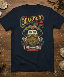 T-shirt featuring "The Bearded Clam Seafood Shack" and the quote "If Your Mouth's Not Full You're Eating It Wrong" with