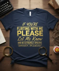 Navy t-shirt with gold glitter text "IF YOU'RE FLIRTING WITH ME PLEASE Let Me Know AND BE EXTREMELY SPECIFIC 'SERIOUSLY