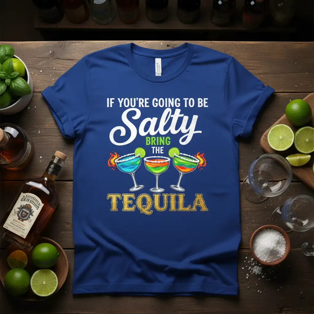 IF YOU'RE GOING TO BE Salty BRING THE TEQUILA quote with colorful margarita glasses graphic on a blue tee