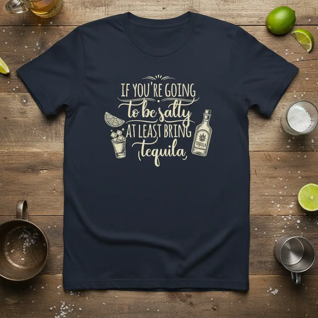 IF YOU'RE GOING to be salty AT LEAST BRING Tequila quote on a navy t-shirt with cocktail and bottle graphics