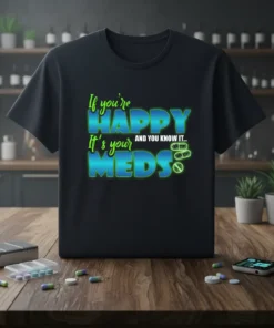 Black t-shirt with the quote "If you're HAPPY It's your MEDS AND YOU KNOW IT..." in blue and green gradient