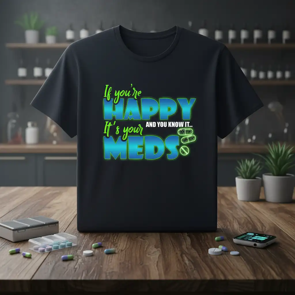 If you're HAPPY It's your MEDS AND YOU KNOW IT... quote t-shirt with pill graphics