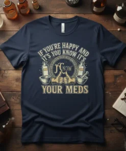 T-shirt with "If You're Happy And It's You Know It's Know Your Meds" text, mortar and pestle, thumbs up, and
