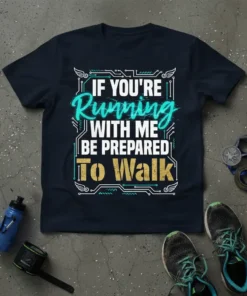 T-shirt with the quote "IF YOU'RE RUNNING WITH ME BE PREPARED TO WALK" in turquoise and gold typography, featuring futuristic