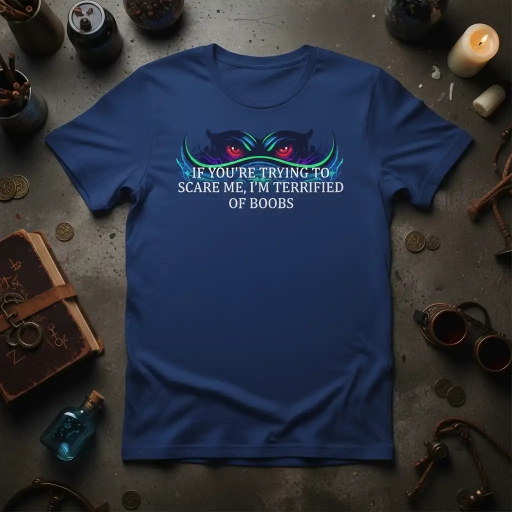 If You're Trying to Scare Me I'm Terrified Of Boobs quote on t-shirt with glowing monster eyes graphic