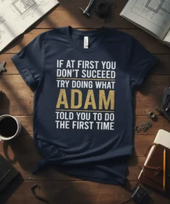 Navy t-shirt with white and gold text: "IF AT FIRST YOU DON'T SUCEEED TRY DOING WHAT ADAM TOLD YOU TO