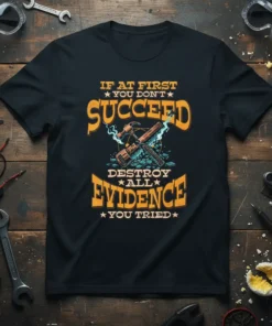 T-shirt with text "If At First You Don't Succeed Destroy All Evidence You Tried" featuring crossed hammer and wrench graphic