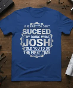 T-shirt with silver text "If At First You Don't Succeed Try Doing What Josh Told You To Do The First