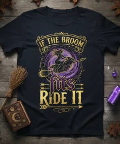 If the Broom Fits Ride It quote with a witch flying on a broomstick, set against a starry purple background