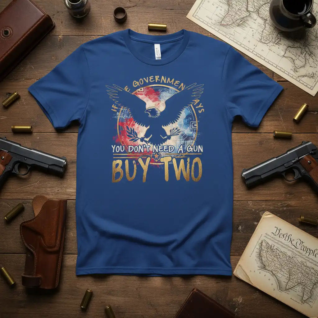 Eagle graphic with gold text IF THE GOVERNMENT SAYS YOU DON'T NEED A GUN BUY TWO on a blue t-shirt