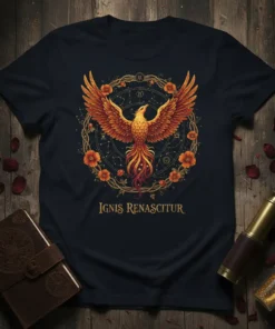 Ignis Renascitur Latin phrase phoenix t-shirt with astrological circle and orange flowers