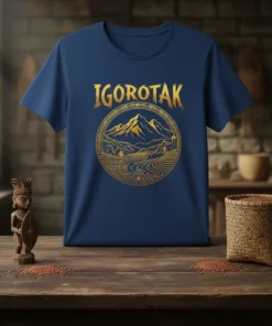 Igorotak t-shirt design with a golden mountain landscape, traditional patterns, and the word Igorotak above