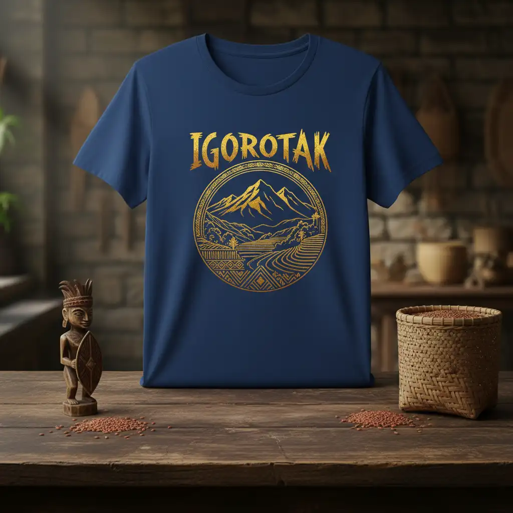 Igorotak design on a navy t-shirt featuring golden mountain landscape and cultural geometric patterns