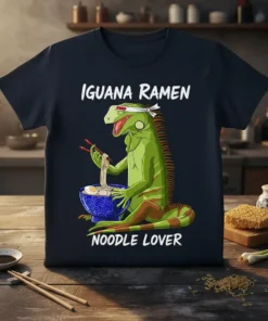 Iguana Ramen Noodle Lover t-shirt with a green iguana eating ramen noodles and text "Iguana Ramen Noodle Lover"