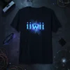 Black t-shirt with glowing blue neon "ii WII" text and circuit board design, ideal for gamers