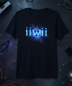 Black t-shirt with glowing blue neon "ii WII" text and circuit board design, ideal for gamers