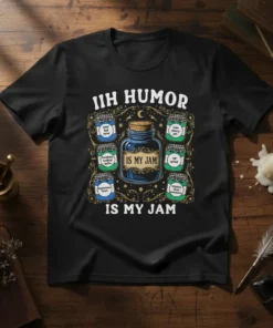 Black t-shirt with "IIH Humor Is My Jam" text and illustrated jars of "special taste syrup" and other humorous labels