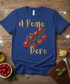 Il Pomo Doro Italian Tomato graphic t-shirt design with "Roma, Italia" text and golden font