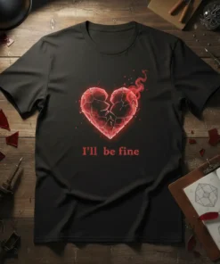I'll be fine text with a red shattered heart graphic, symbolizing emotional resilience and inner strength