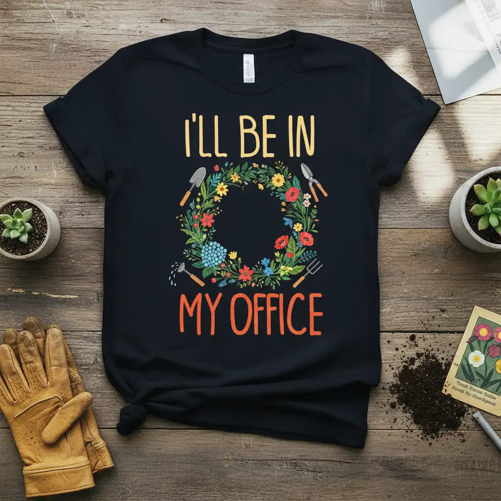 I'll Be In My Office quote with a vibrant floral wreath and gardening tools on a black t-shirt