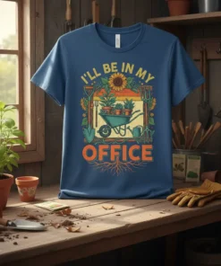 I'll Be In My Office gardening t-shirt with a wheelbarrow full of plants and sunflowers