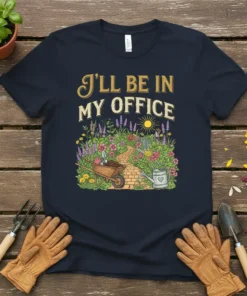 Gardening t-shirt with "I'll Be In My Office" text and a colorful illustration of a garden path, wheelbarrow, and watering
