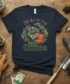 Gardening quote t-shirt with "I'll be in my Office" text, featuring a wheelbarrow, potted flowers, gardening tools, and red boots