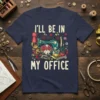 I'll Be In My Office t-shirt with vintage sewing machine, flowers, buttons, and measuring tape graphic