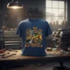 I'll Be In My Office skid steer design on a navy blue t-shirt, featuring yellow heavy machinery and gears