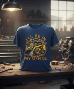 I'll Be In My Office skid steer design on a navy blue t-shirt, featuring yellow heavy machinery and gears