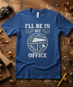 I'll Be In My Office t-shirt design featuring woodworking tools like a saw and hammer inside a circle with gears