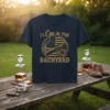 I'll Be In The Backyard t-shirt design with cigar, whiskey glass, and American flag graphic