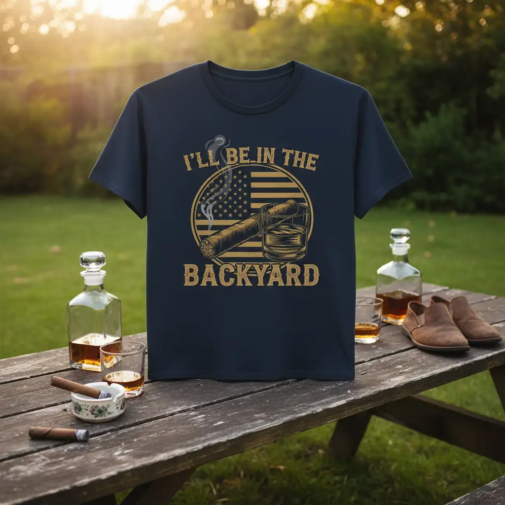 I'll Be In The Backyard text design with cigar, whiskey, and American flag graphic on navy tee