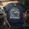 I'll Be In The Basement t-shirt featuring a detailed drum kit graphic with musical notes and drumsticks