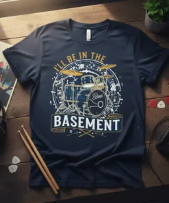 I'll Be In The Basement t-shirt featuring a detailed drum kit graphic with musical notes and drumsticks
