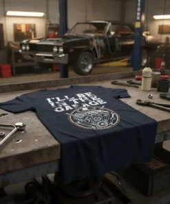 Navy t-shirt with white text "I'll Be In The Garage" and a circular graphic of engine parts and tools