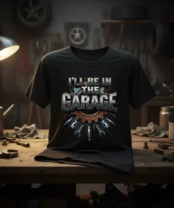 T-shirt with "I'll Be In The Garage" text, featuring a gear, pistons, and wrenches graphic