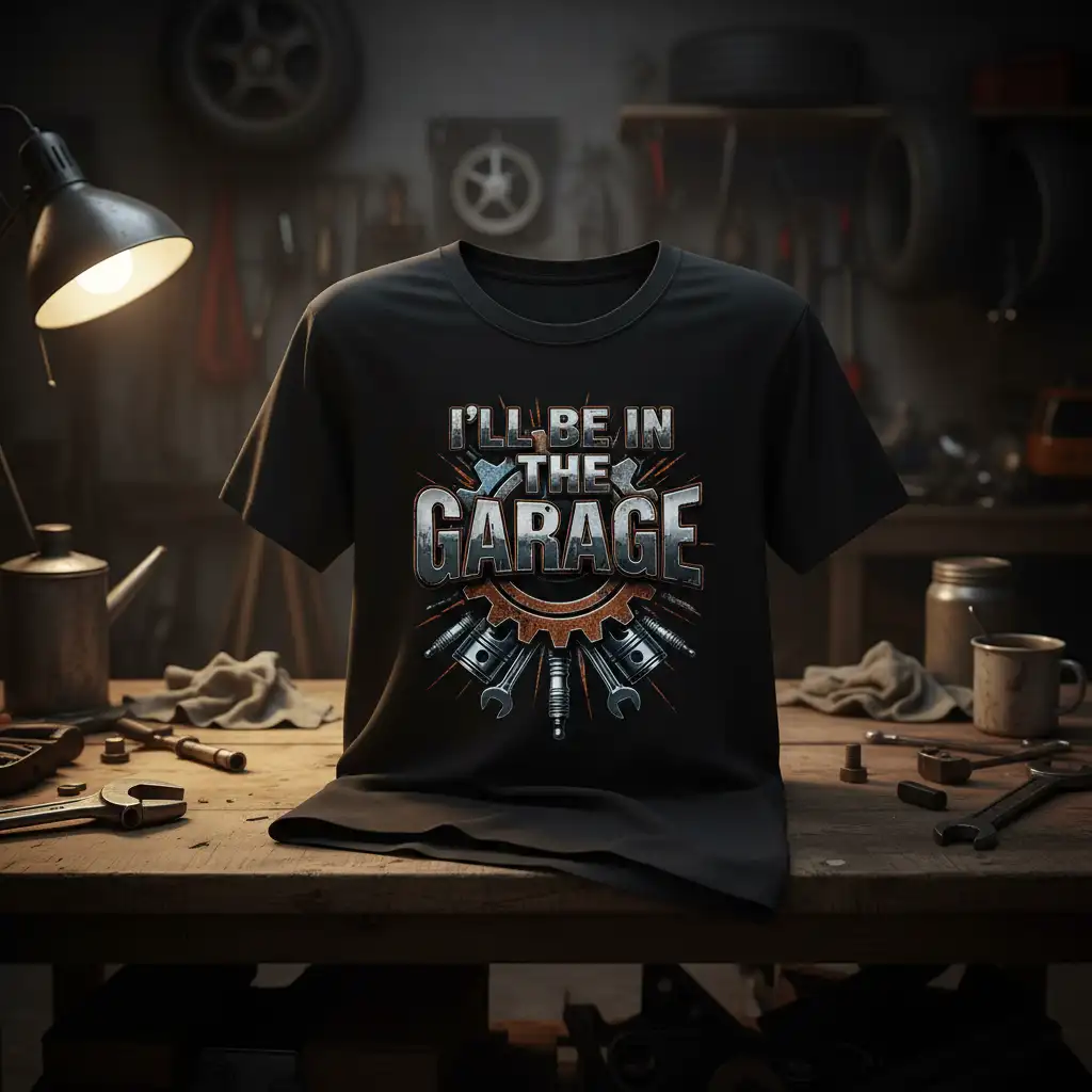 I'll Be In The Garage quote on a t-shirt with automotive gear and piston graphic