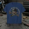 T-shirt with "I'll Be In The Garage" text, featuring a skull wearing a cap, holding wrenches and a spark plug