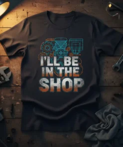 I'll Be In The Shop T-Shirt with engine blueprint graphic for mechanics and auto enthusiasts