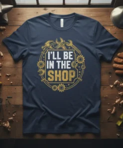 I'll Be In The Shop t-shirt design with tools, gears, and hammers surrounding the quote
