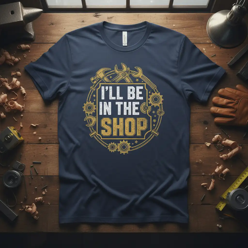 I'll Be In The Shop quote with tools and gears graphic on a navy blue t-shirt