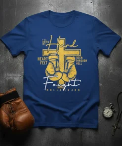Christian boxer t-shirt with text "I'll Bring My Hand Heart Felt Been Through Hell Fought Hallelujah" and boxing gloves over