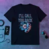 I'll Call You Back text with a retro rotary phone and digital glitch art on a black t-shirt