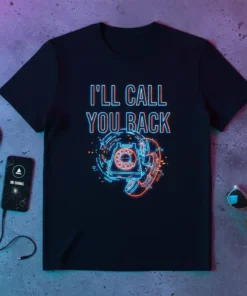 I'll Call You Back text with a retro rotary phone and digital glitch art on a black t-shirt