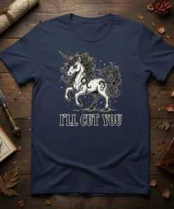 Navy t-shirt with a white unicorn graphic and the text "I'LL CUT YOU"